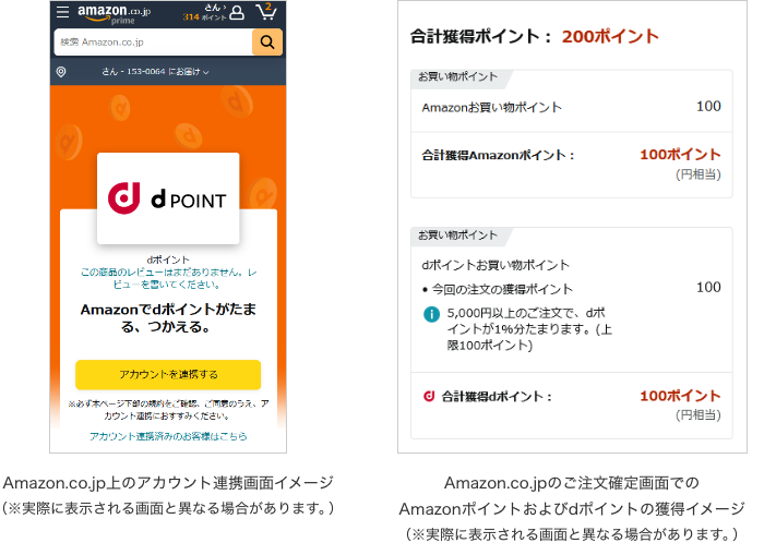 Amazon.co.jp上のアカウント連携画面イメージとAmazon.co.jpのご注文確定画面でのAmazonポイントおよびdポイントの獲得イメージ