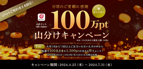 dフォトご契約者さま限定!日頃のご愛顧に感謝 要エントリー dポイント(期間・用途限定)100万pt山分けキャンペーン※お一人さまあたり進呈上限:140pt さらに今年1月から※3回以上ご注文いただいた方の中から抽選で100名さまに1,500ptが当たるWチャンス!※2024年1月1日~2024年7月31日の7か月間が対象 キャンペーン期間:2024.4.25(木)~2024.7.31(水)