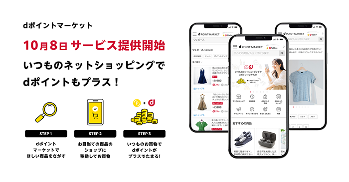 dポイントマーケット10月8日サービス提供開始いつものネットショッピングでdポイントもプラス!STEP1dポイントマーケットでほしい商品をさがすSTEP2お目当ての商品のショップに移動してお買物STEP3いつものお買物でdポイントがプラスでたまる!