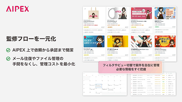 監修フローを一元化・AIPEX上で依頼から承認まで簡潔・メール往復やファイル管理の手間をなくし、管理コストを最小化