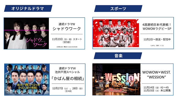 ■今後のWOWOW放送・配信予定コンテンツ（参考例 一部抜粋）・オリジナルドラマ（連続ドラマW シャドウワーク 11月23日（日曜・祝日）スタート［全5話］ 連続ドラマW池井戸潤スペシャル「かばん屋の相続」 12月27日（土曜）、28日（日曜）［全4話］）・スポーツ（4週連続日本代表戦！WOWWOWラグビーSP 11月2日～放送・配信中）・音楽（WOWOW×WEST. “WESSION” 11月14日（金曜）＃1～＃5 11月15日（土曜）未公開集