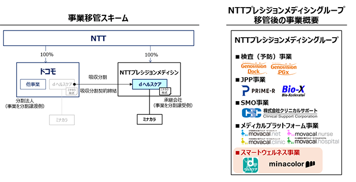 事業移管スキーム、NTTプレシジョンメディシングループ移管後の事業概要の図
