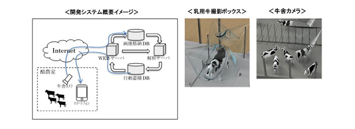 図1　開発システム概要イメージ・乳用牛撮影ボックス・牛舎カメラ