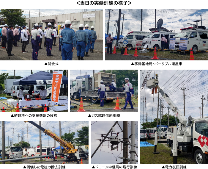 当日の実働訓練の様子「開会式」「移動基地局・ポータブル衛星車」「避難所への支援機器の設営」「ガス臨時供給訓練」「倒壊した電柱の除去訓練」「ドローン中継局の飛行訓練」「電力復旧訓練」