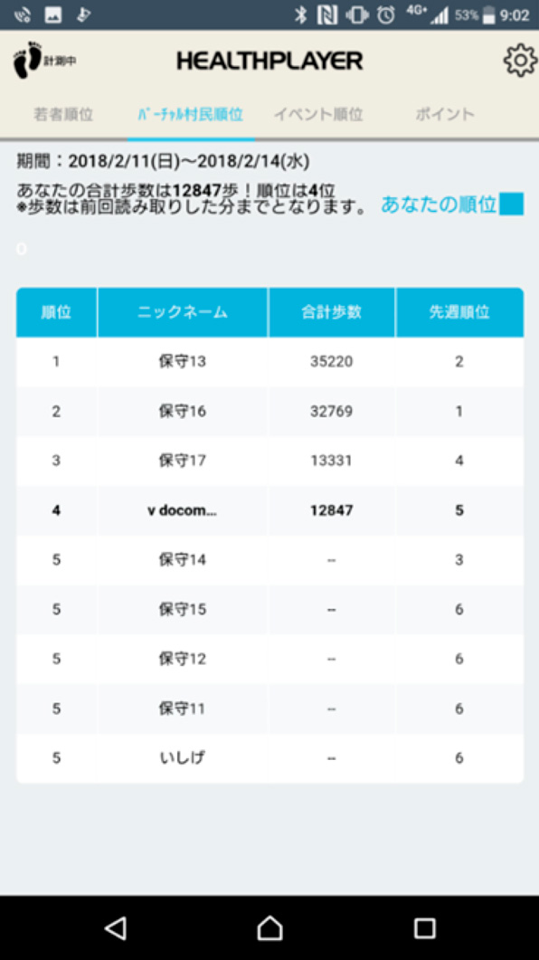 バーチャル村民ランキング画面