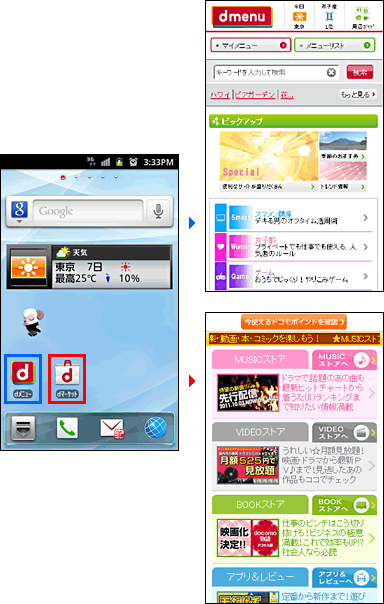 dメニュー／dマーケットアイコンがプリインストールされているスマートフォン端末をお持ちの方への画像