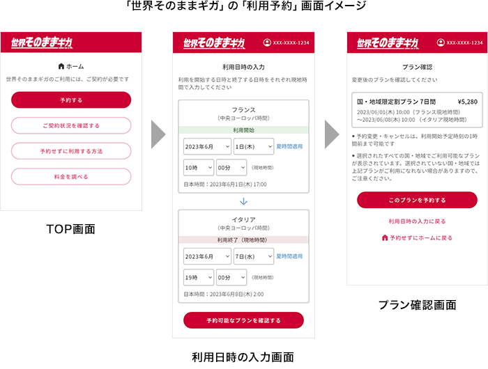 「世界そのままギガ」の「利用予約」画面イメージ