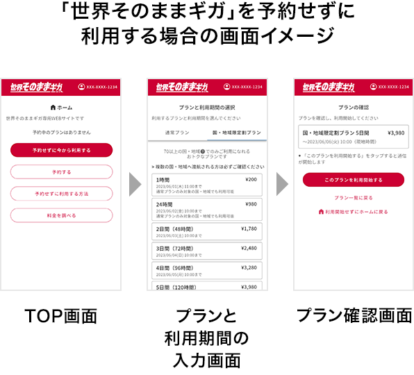  「世界そのままギガ」を予約せずに利用する場合の画面イメージ