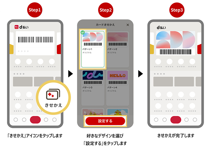 Step1: 「きせかえ」アイコンをタップします。Step2: 好きなデザインを選び「設定する」をタップします。Step3: きせかえが完了します。