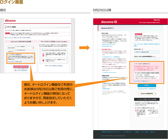 ログイン画面にて現在、オートログイン機能をご利用のお客様は8月28日以降ご利用の際に、オートログイン機能が無効になっておりますので、「オートログインを有効にする」をチェックして、再度設定していただくようお願い申し上げます。