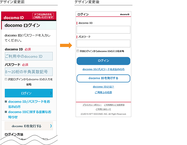 画面イメージ：デザイン変更前とデザイン変更後のスマートフォン向けログイン画面。デザインがシンプルになり、docomo IDとパスワードの入力欄と「ログイン」ボタンなどが順に並んでいる。