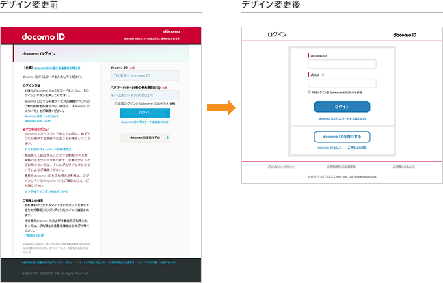 画面イメージ：デザイン変更前とデザイン変更後のパソコン／タブレット向けログイン画面。デザイン変更後はログイン方法などの説明をなくしてデザインがシンプルになり、docomo IDとパスワードの入力欄と「ログイン」ボタンなどが順に並んでいる。