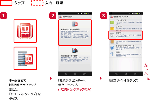 （1）ホーム画面で「電話帳バックアップ」または「ドコモバックアップ」をタップ。（2）「お預かりセンターへ保存」をタップ。（ドコモバックアップのみ）（3）「設定サイト」をタップ。