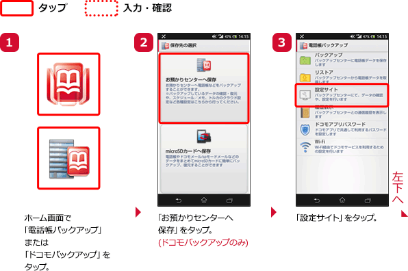(1)ホーム画面で「電話帳バックアップ」または「ドコモバックアップ」をタップ。(2)「お預かりセンターへ保存」をタップ。(ドコモバックアップのみ)(3)「設定サイト」をタップ。
