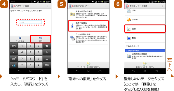 （4）「spモードパスワード」を入力し、「実行」をタップ。（5）「端末への復元」をタップ。（6）復元したいデータをタップ。（ここでは、「画像」をタップした状態を掲載）