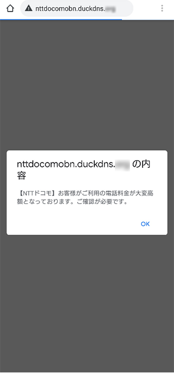 発見された不審なアプリのインストールにあたって偽のdアカウント認証を促す画面の例:内容