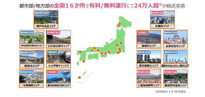 都市部/地方部の全国16か所で有料/無料運行にて24万人超の輸送実績