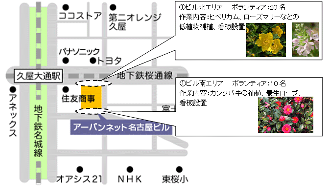 ビル北エリア、ボランティア20名、作業内容ヒペリカム、ローズマリーなどの低植物補植、看板設置。ビル南エリア、ボランティア10名、作業内容カンツバキの補植、養生ロープ、看板設置。