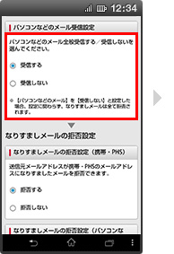 画面イメージ:「パソコンなどのメール受信設定」画面