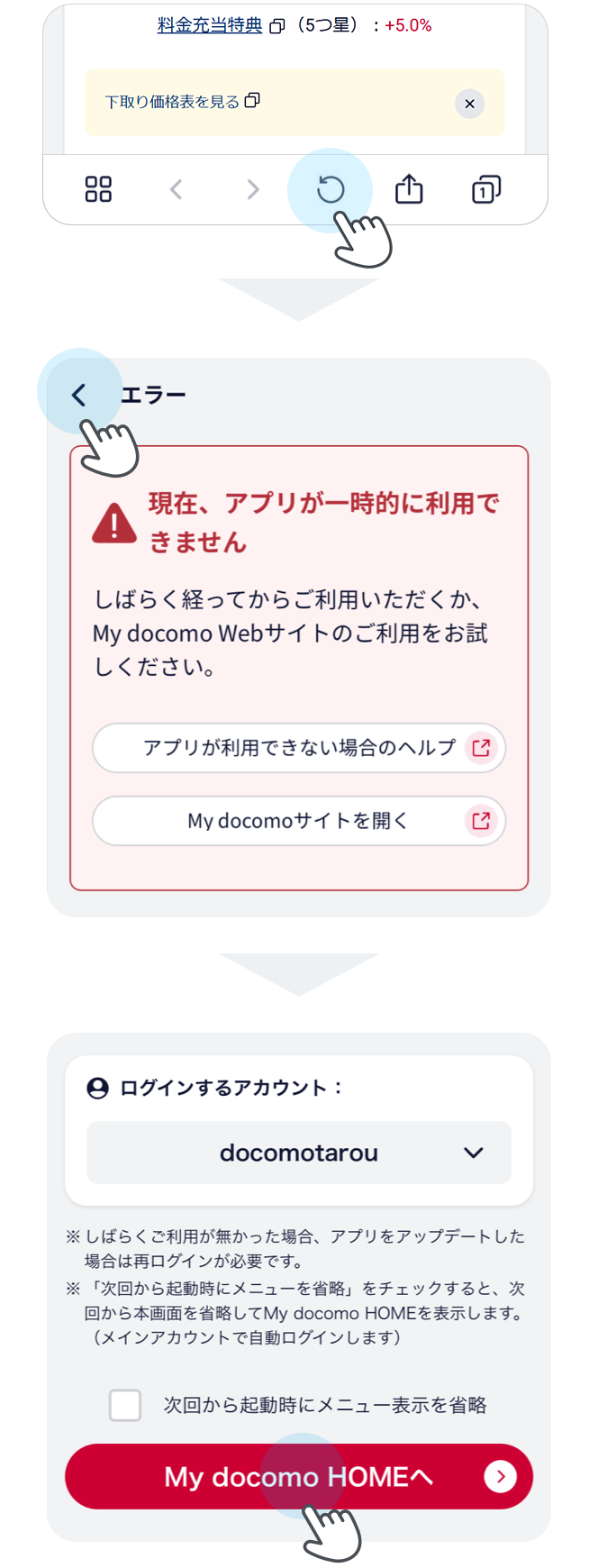 パスワード変更から30分以内にアプリを起動した場合はMy docomo HOME画面から更新が必要となります。下記手順に従って再度ログインください。