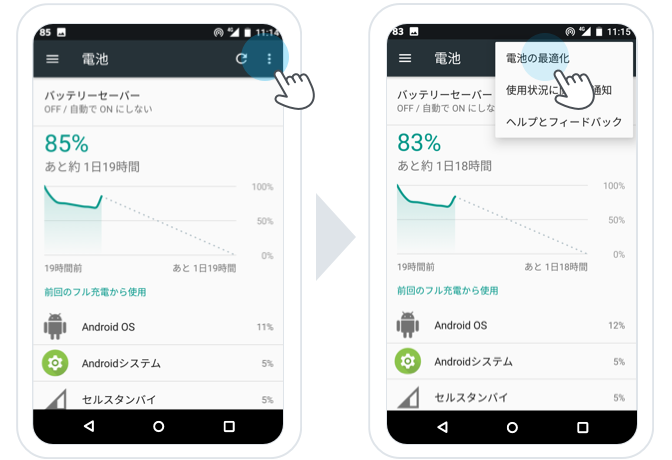 2.右上のメニューアイコン（縦3つの点）をタップし、表示された一覧から「電池の最適化」をタップ