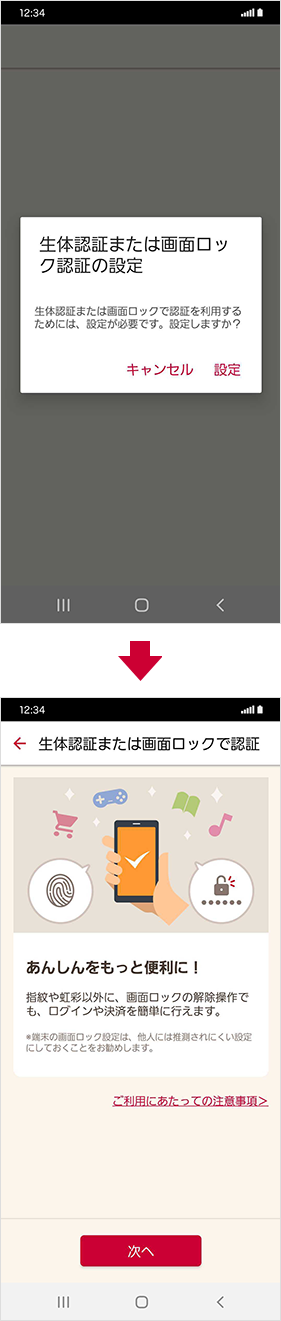 「生体認証または画面ロックで認証」ボタンを押下後、「設定」から進むとdアカウント設定アプリが立ち上がります。アプリから「生体認証または画面ロックの認証」の設定を行ってください。設定後そのままログインが行えます。