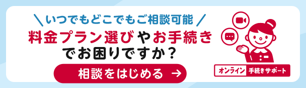 いつでもどこでもご相談可能 料金プラン選びやお手続きでお困りですか？ 相談をはじめる→ オンライン手続きサポート