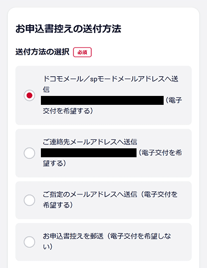 申込み内容の送付先を選択する ご指定のメールアドレスの場合は、メールアドレスも入力してください。