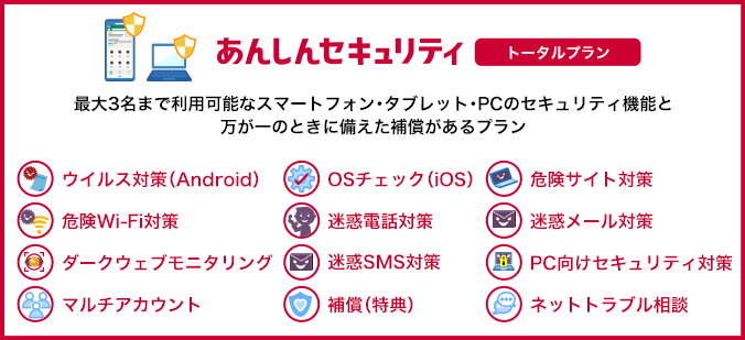 あんしんセキュリティ トータルプラン 最大3名まで利用可能なスマートフォン・タブレット・PCのセキュリティ機能と万が一のときに備えた補償があるプラン ウイルス対策(Android) OSチェック(iOS) 危険サイト対策 危険Wi-Fi対策 迷惑電話対策 迷惑メール対策 ダークウェブモニタリング 迷惑SMS対策 PC向けセキュリティ対策 マルチアカウント 補償(特典) ネットトラブル相談