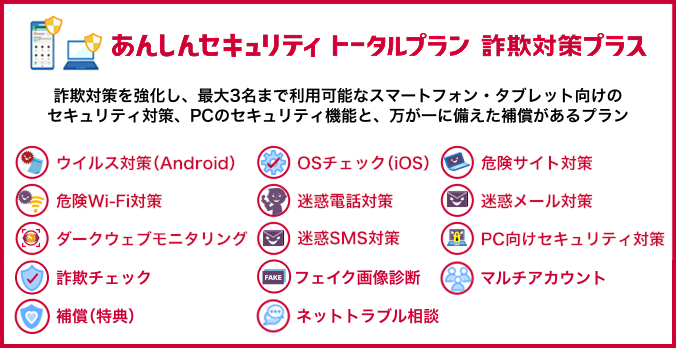 あんしんセキュリティ トータルプラン 詐欺対策プラス 詐欺対策を強化し、最大3名まで利用可能なスマートフォン・タブレット向けのセキュリティ対策、PCのセキュリティ機能と、万が一に備えた補償があるプラン ウイルス対策（Android） OSチェック（iOS） 危険サイト対策 危険Wi-Fi対策 迷惑電話対策 迷惑メール対策 ダークウェブモニタリング 迷惑SMS対策 PC向けセキュリティ対策  詐欺チェック フェイク画像診断 マルチアカウント 補償（特典） ネットトラブル相談