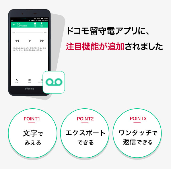 画像:ドコモ留守電アプリに、注目機能が追加されました。POINT 1、文字でみえる。POINT 2、エクスポートできる。POINT 3、ワンタッチで返信できる。