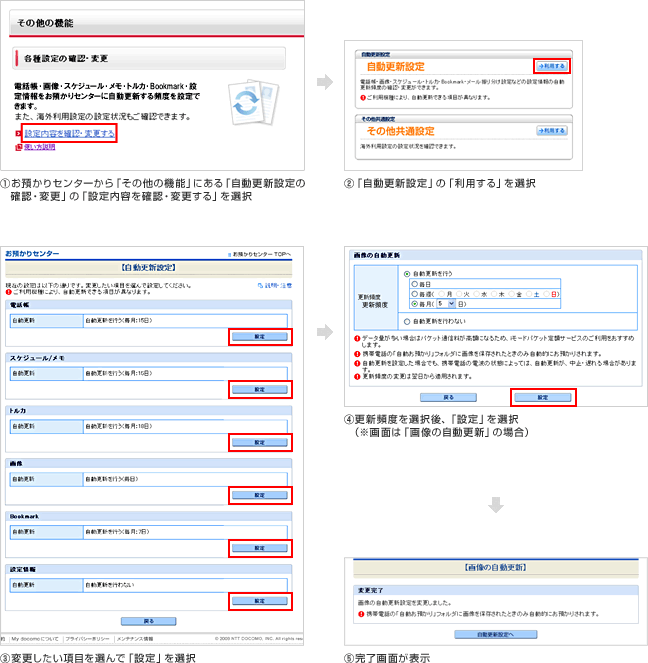 自動更新設定方法(パソコンから)の説明図