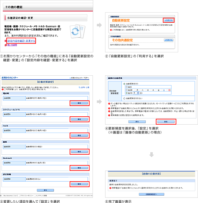 自動更新設定方法（パソコンから）の説明図