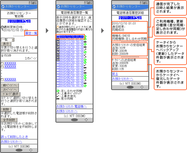 お預かりセンターとの通信履歴を確認する（電話帳通信履歴表示）の画像