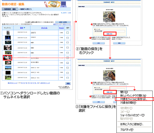 パソコンへ動画を保存する方法の説明図