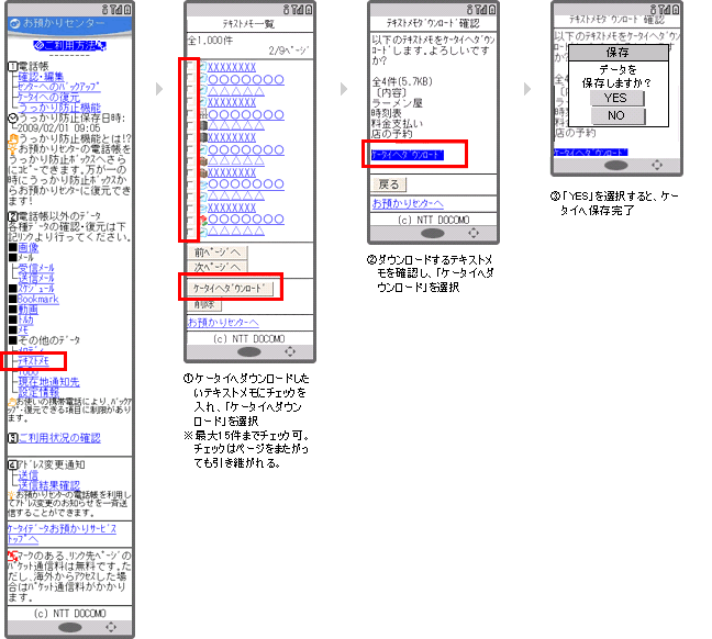 テキストメモ・ToDo・メロディ・現在地通知先の復元(ダウンロード)の説明図