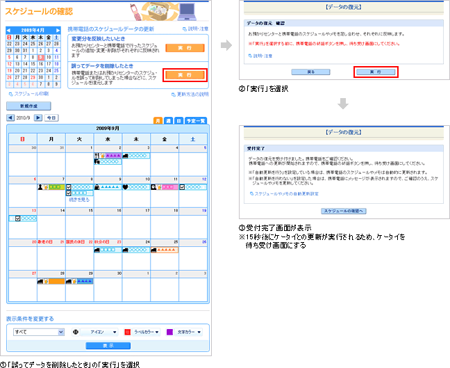 パソコンでお預かりセンターからスケジュールを復元（ダウンロード）する説明図