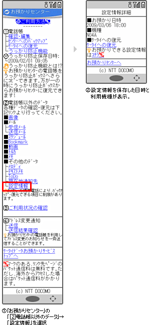 設定情報の確認方法（ケータイから）の説明図