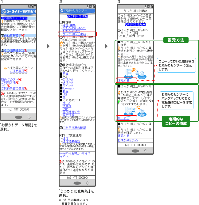 うっかり防止機能で復元／コピーの作成をするの説明図