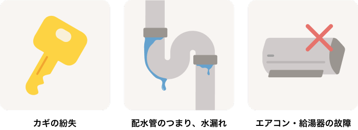 カギの紛失・排水管のつまり、水漏れ・エアコン・給湯器の故障のイメージ画像