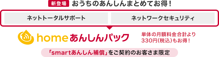 【新登場】おうちのあんしんまとめてお得！「ネットトータルサポート」「ネットワークセキュリティ」をまとめた「homeあんしんパック」（「smartあんしん補償」をご契約のお客さま限定）は単体の月額料金合計より330円（税込）もお得！