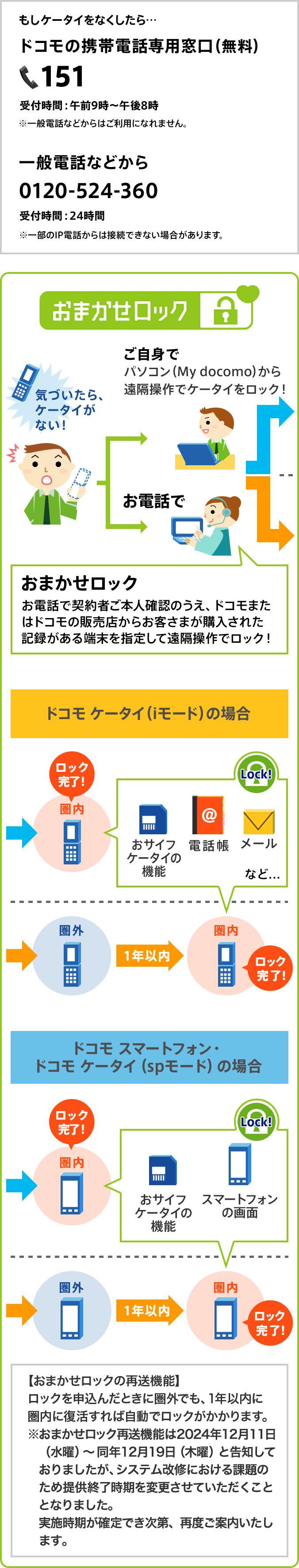 もしケータイをなくしたら ドコモの携帯電話専用窓口(無料)151 受付時間:午前9時~午後8時 ※一般電話などからはご利用になれません。 一般電話などから 0120-524-360 受付時間:24時間 ※一部のIP電話からは接続できない場合があります。