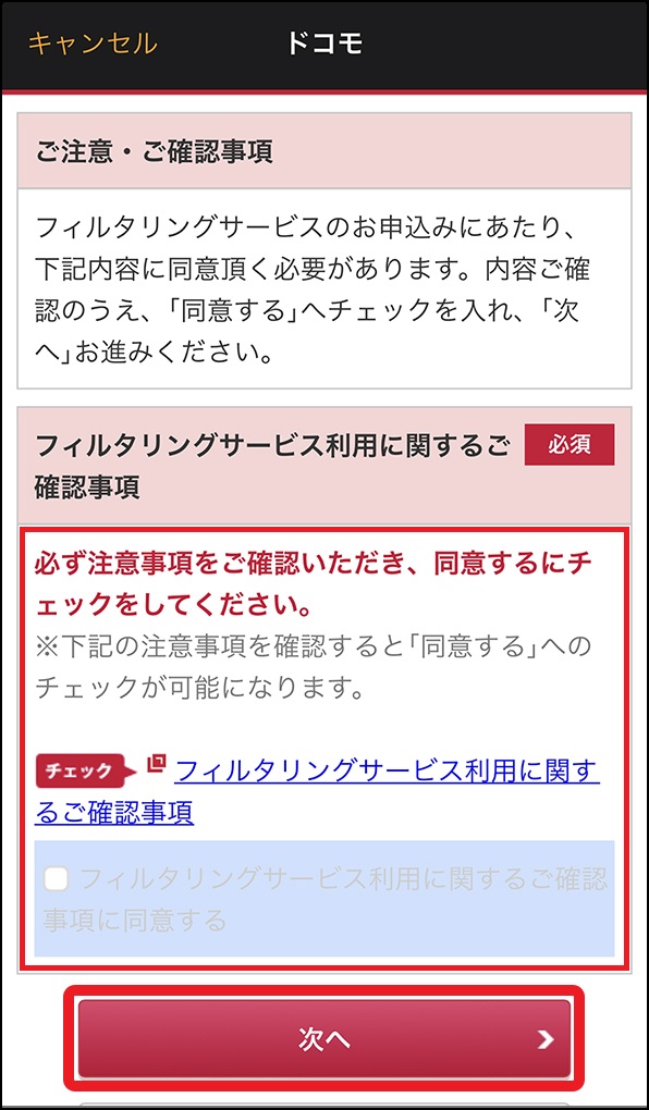 「フィルタリングサービス利用に関するご確認事項」画面