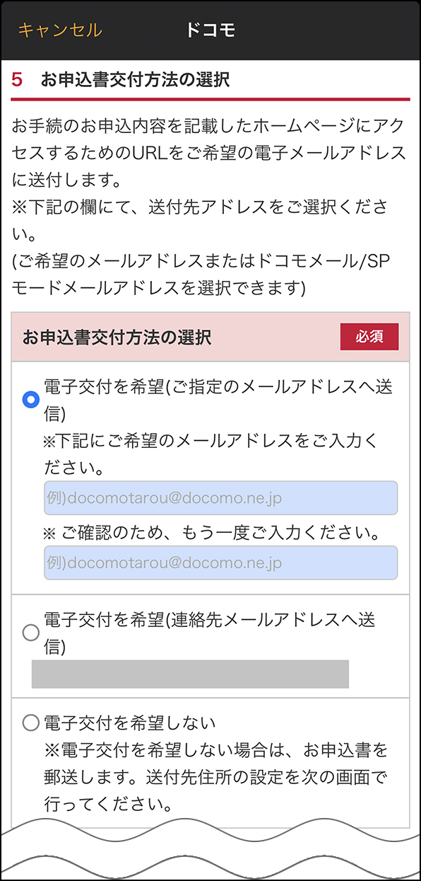 「お申込書交付方法の選択」画面