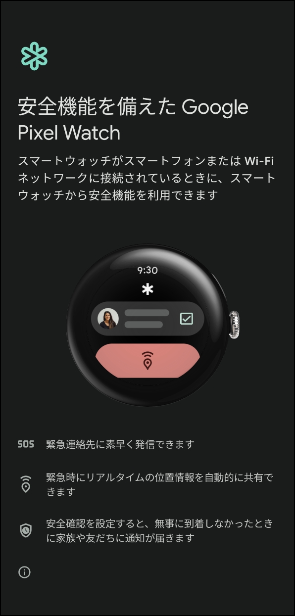 「安全機能を備えたGoogle Pixel Watch」画面