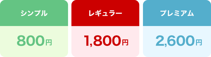 シンプル800円、レギュラー1,800円、プレミアム2,600円