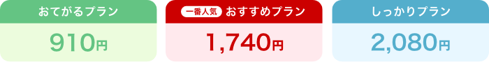 おてがるプラン910円、（一番人気）おすすめプラン1,740円、しっかりプラン2,080円