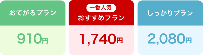 おてがるプラン910円、（一番人気）おすすめプラン1,740円、しっかりプラン2,080円