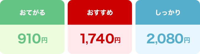 おてがる910円、おすすめ1,740円、しっかり2,080円