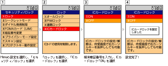 1.Menuの設定を選択し、「セキュリティ／ロック」を選択 2.「ロック」を選択し、「ICカードロック」を選択 3.端末暗証番号を入力し、ICカードロック「ON」を選択 4.設定完了！ 注意設定方法は機種によって異なります。